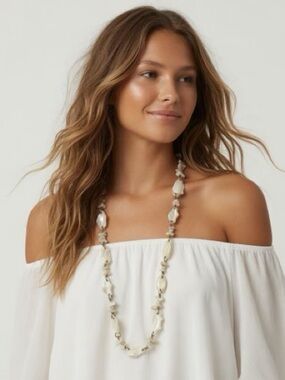 Iridescent Mother of Pearl Hand Carved Long Necklace Summer Beach